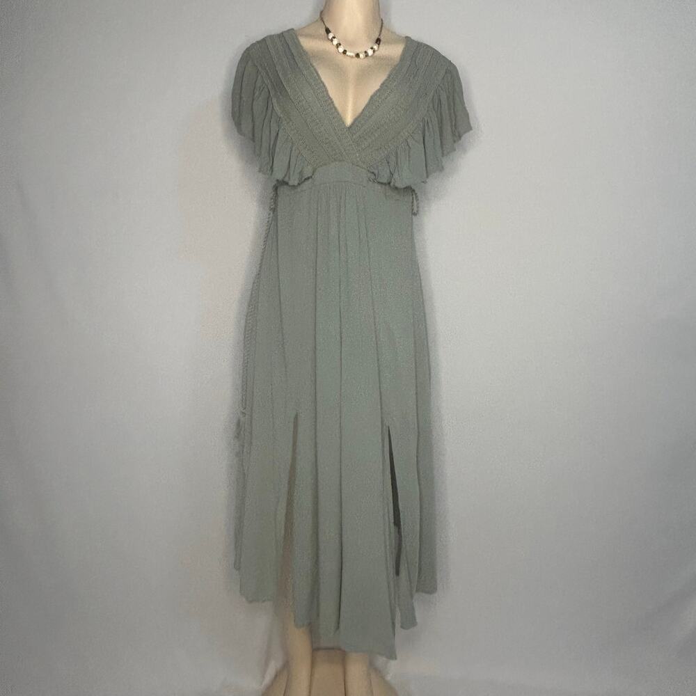 Baltic Born Sage Green Boho Midi Dress Flutter Sleeve Tie Waist Size M